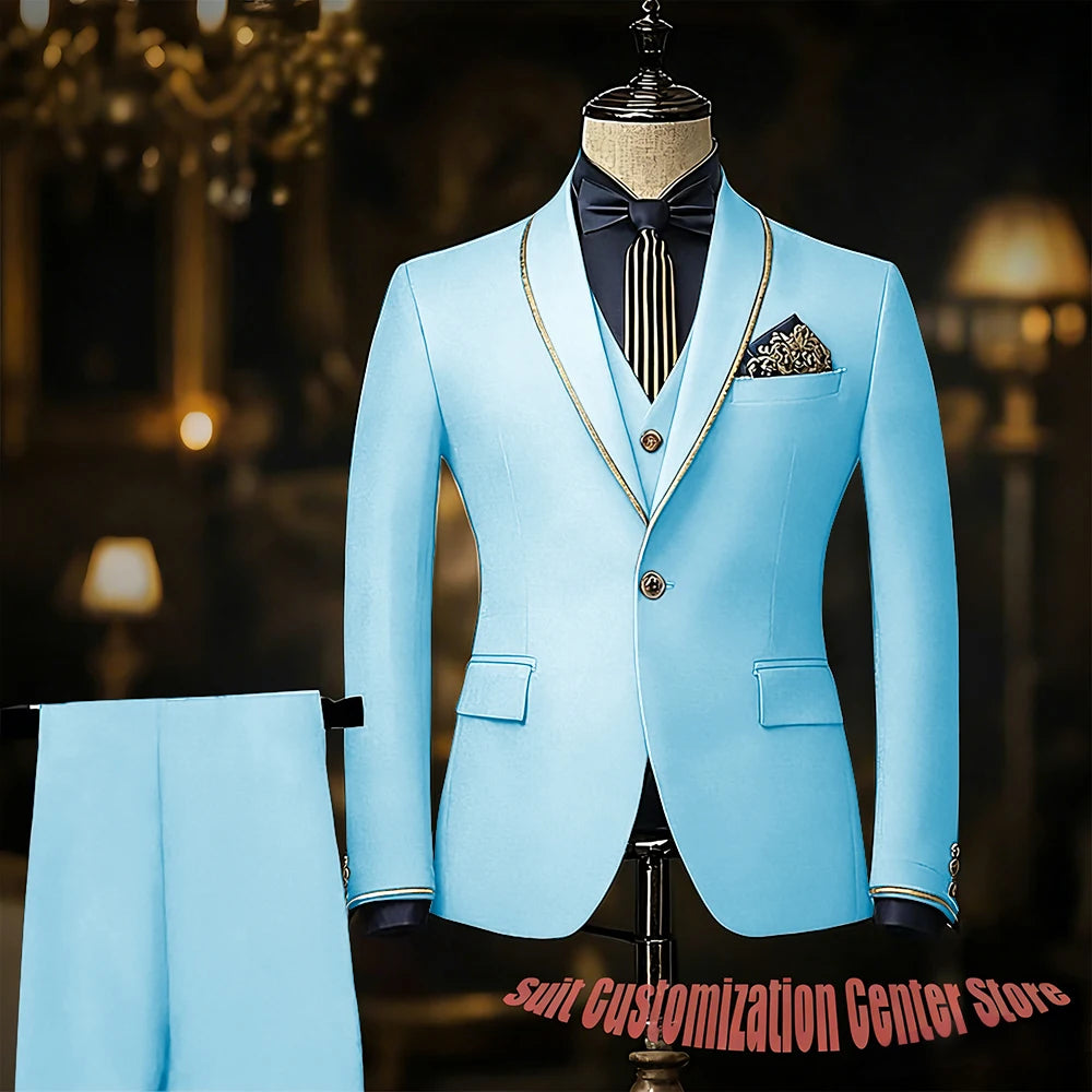 Navy blue men's suit set with jacket, vest, and pants, slim fit, single-breasted tuxedo with shawl lapel, suitable for weddings and formal events