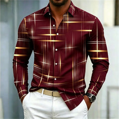 2026 men's shirt with fashionable printed lines, checkered long sleeved shirt, lapel, slim fit, business casual men's shirt