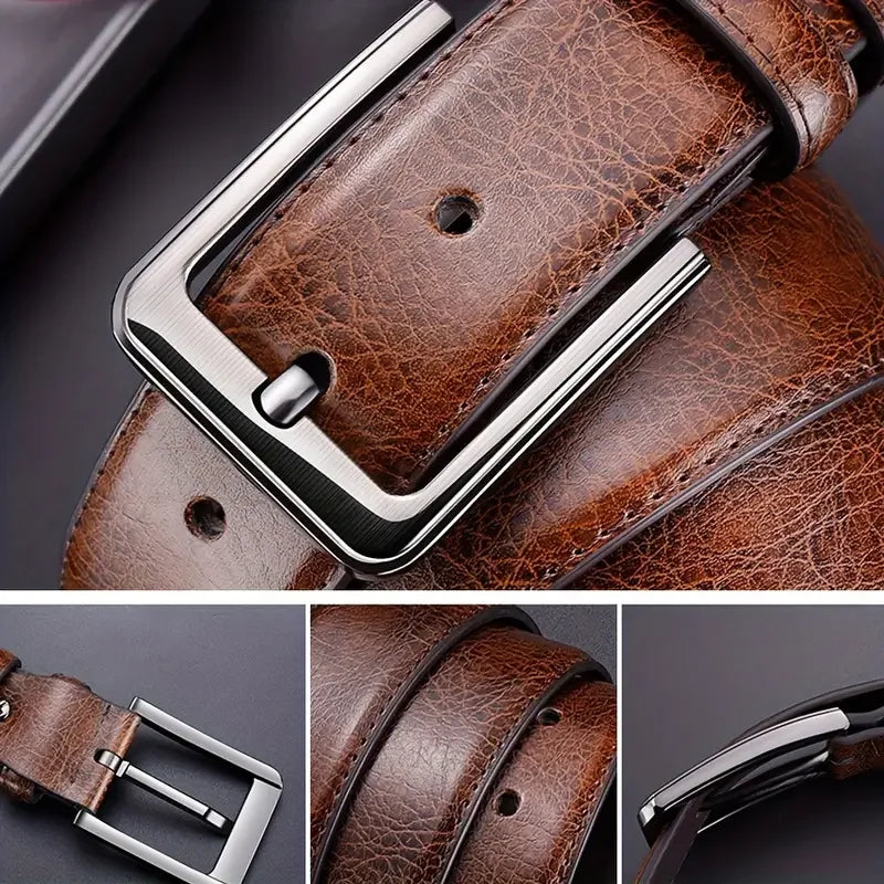 Showlu men's genuine cowskin leather belt with casual business buckle, featuring a sturdy waistband and classic design.