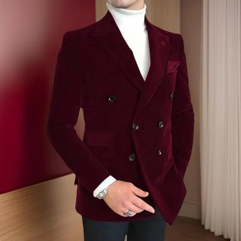 Slim fit Italian style men's velvet blazer with peak lapel, double-breasted design, perfect for weddings and formal occasions.