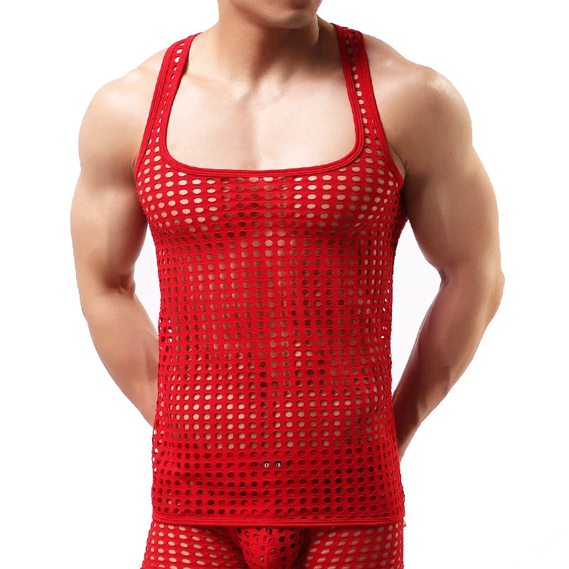 Sexy Men Sleeveless Mesh Sheer Tank Vest Tops  Gym Training Tank Vest Fish Net Hollow Out See Through Tank