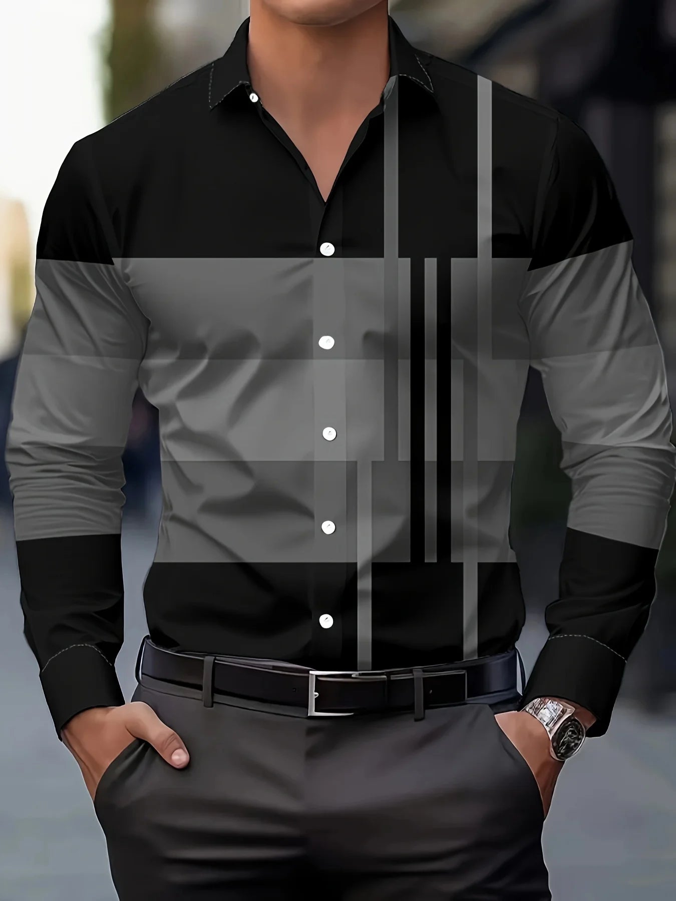 Men's checked long-sleeved casual button-up shirt with a high-end striped design, fitted fit, from Showlu Fashion Store.