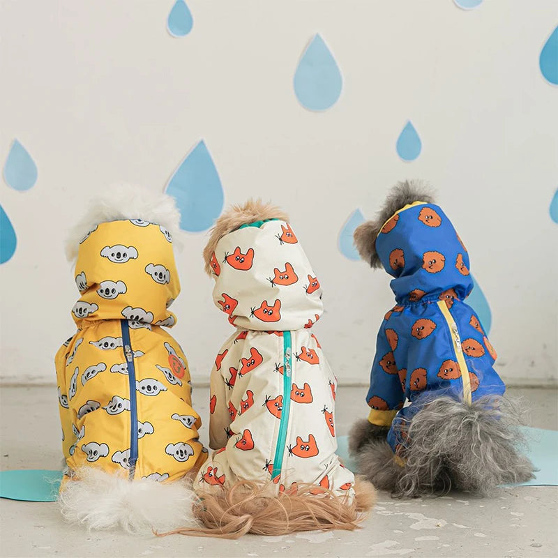 Showlu waterproof hooded dog raincoat with four-leg jacket, designed to keep pets dry in rainy weather.