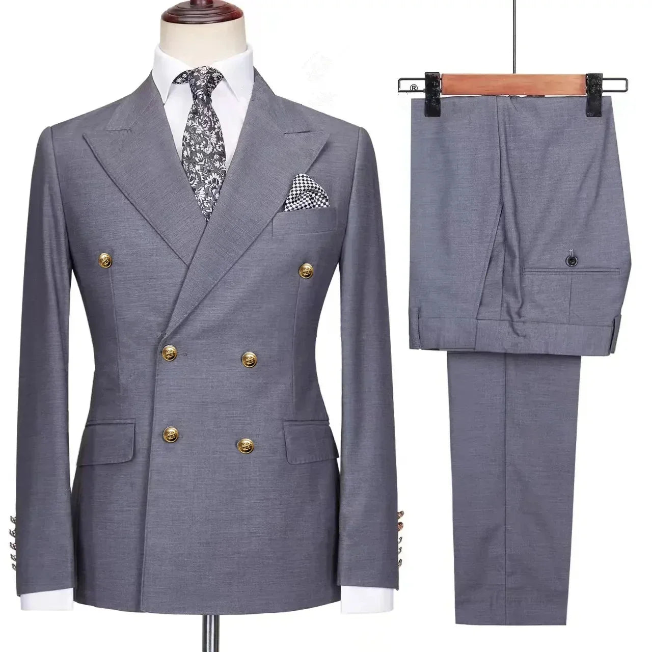Royal blue men's double-breasted 2-piece suit by Showlu Fashion Store, tailored for business, with lapel collar and sleek fit.