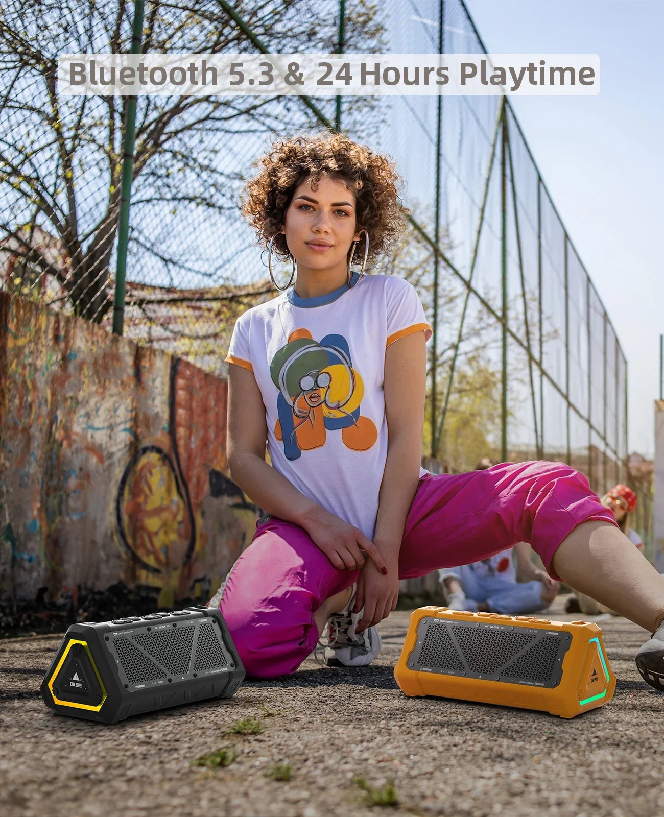 MLOVE P3 outdoor Bluetooth speaker with 40W stereo sound and IPX7 waterproof rating, shown in a compact design.