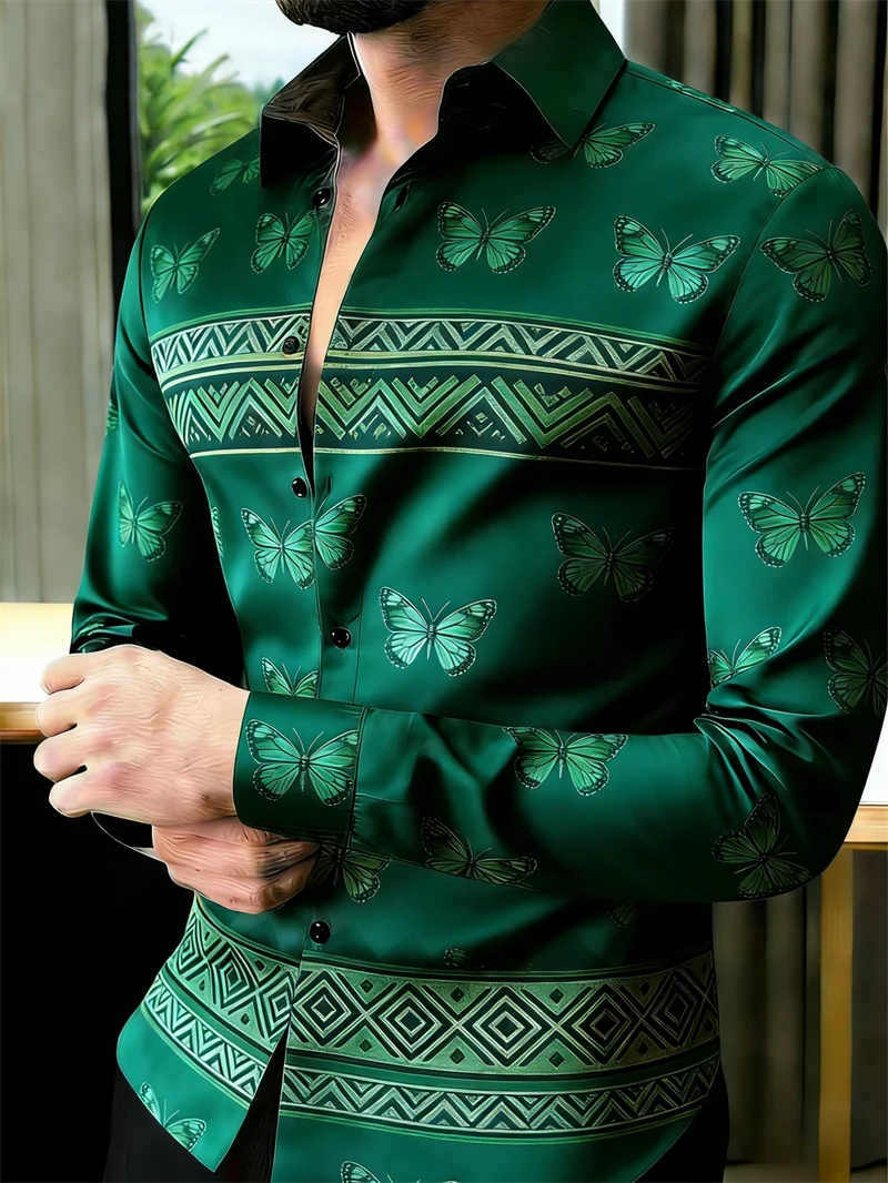 Men's long-sleeved lapel shirt by Showlu Fashion with 11-color 3D printed butterfly pattern, stylish and vibrant.