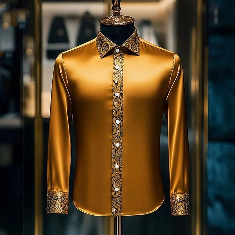 Men's luxury silk long sleeve shirt in white and brown with paisley pattern, slim fit, casual lapel from Showlu Fashion Store