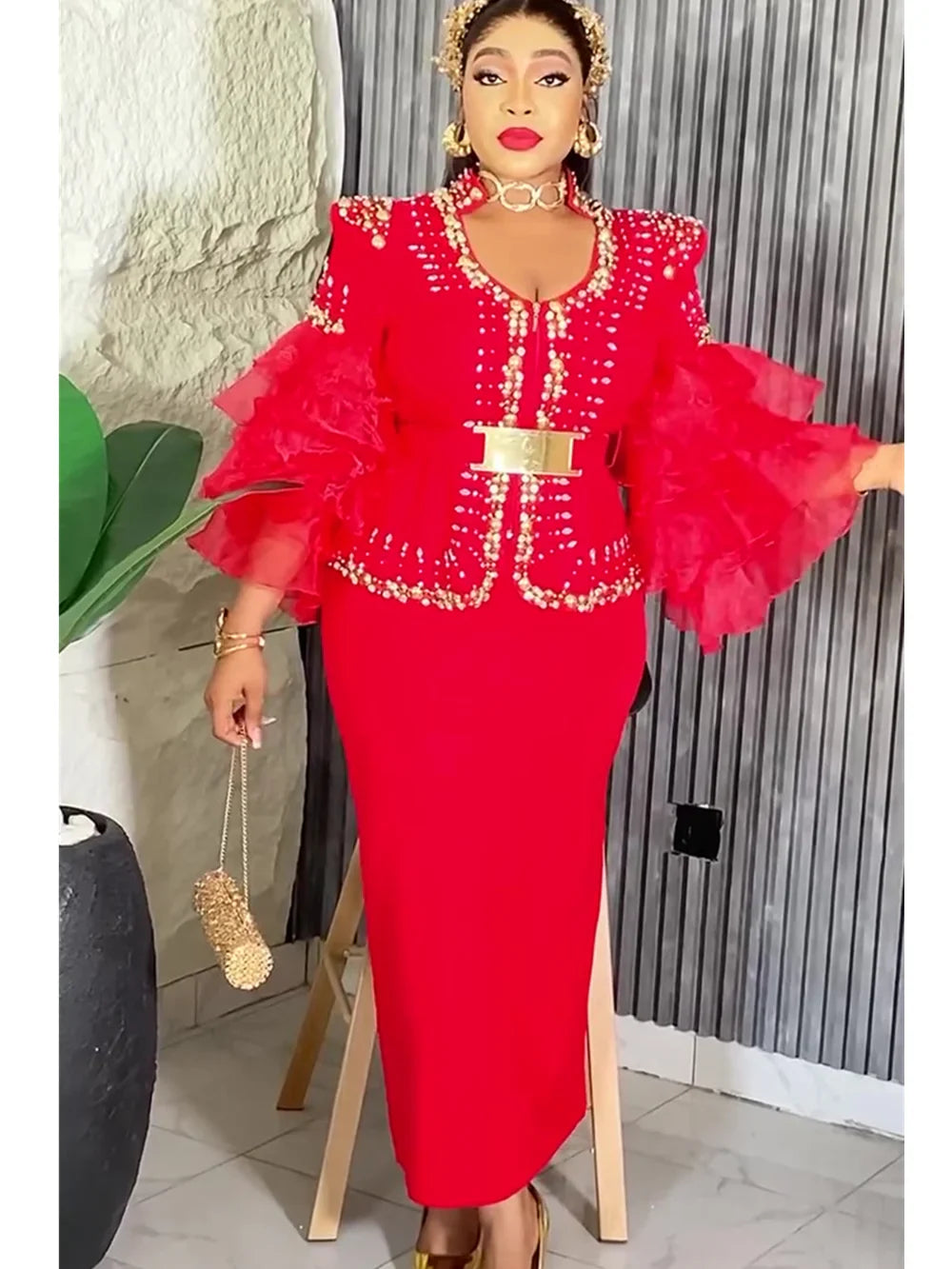 African long dress by SHOWLU FASHION with ruffle sleeves, suitable for wedding and party occasions, featuring elegant traditional design.