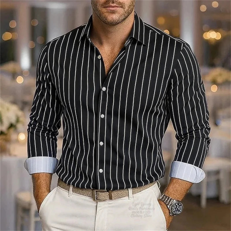 Men's striped casual shirt with long sleeves, breathable fabric, button-down lapel, stylish and comfortable men's top by Showlu Fashion.