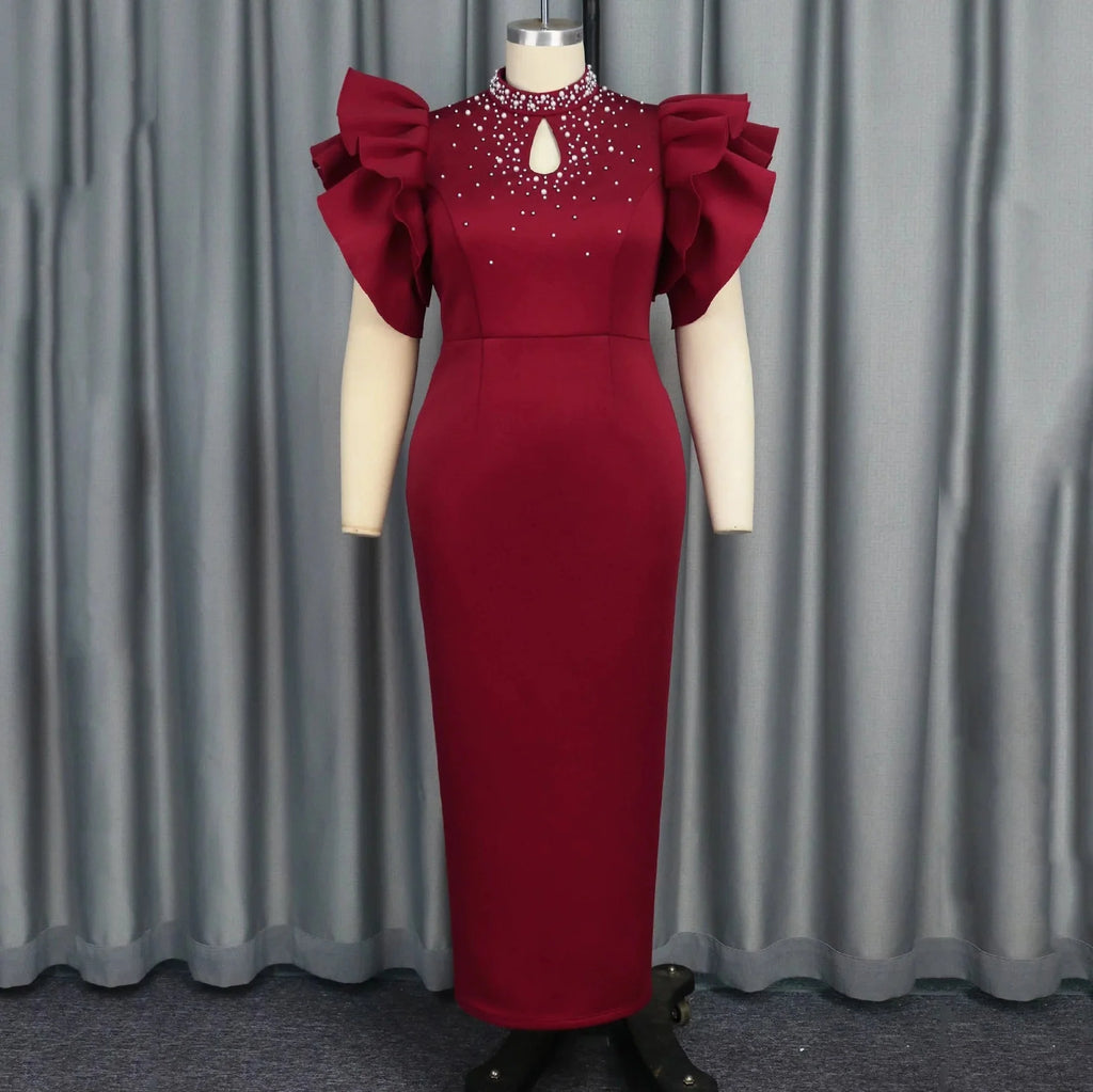 Beaded sheath party dress for women with ruffle sleeves and ankle length from SHOWLU FASHION STORE, stylish and elegant.