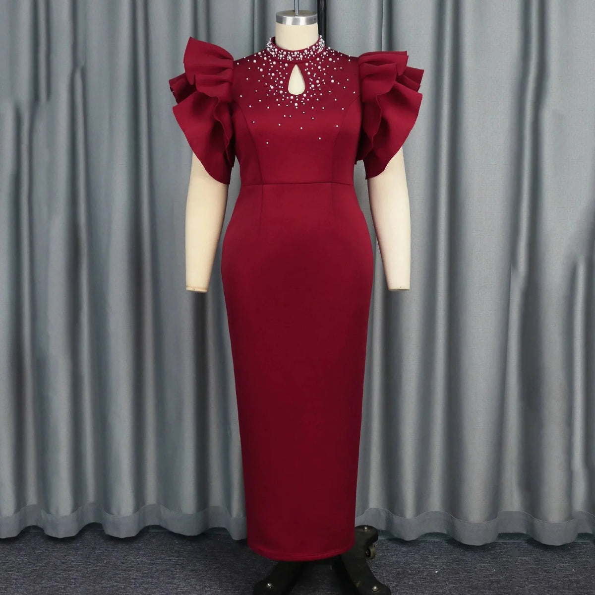 Beaded sheath party dress for women with ruffle sleeves and ankle length from SHOWLU FASHION STORE, stylish and elegant.