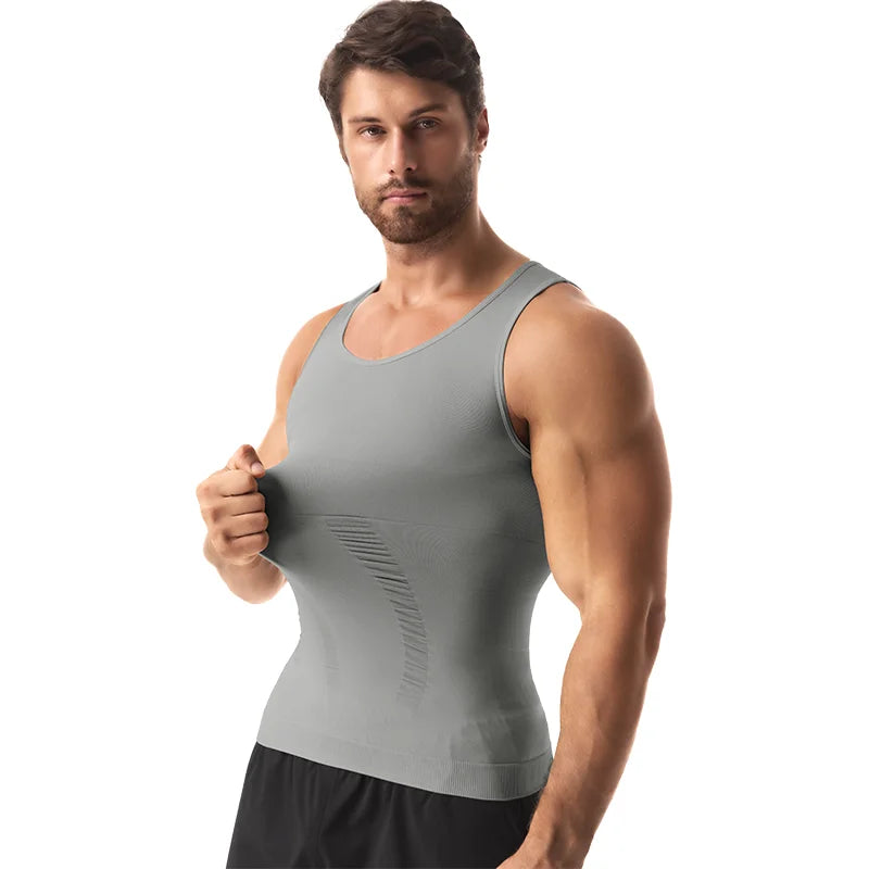 Men's compression vest by Showlu Fashion, sleeveless shapewear and body shaper shirt for slimming, tummy control, gym workout, and abs support.