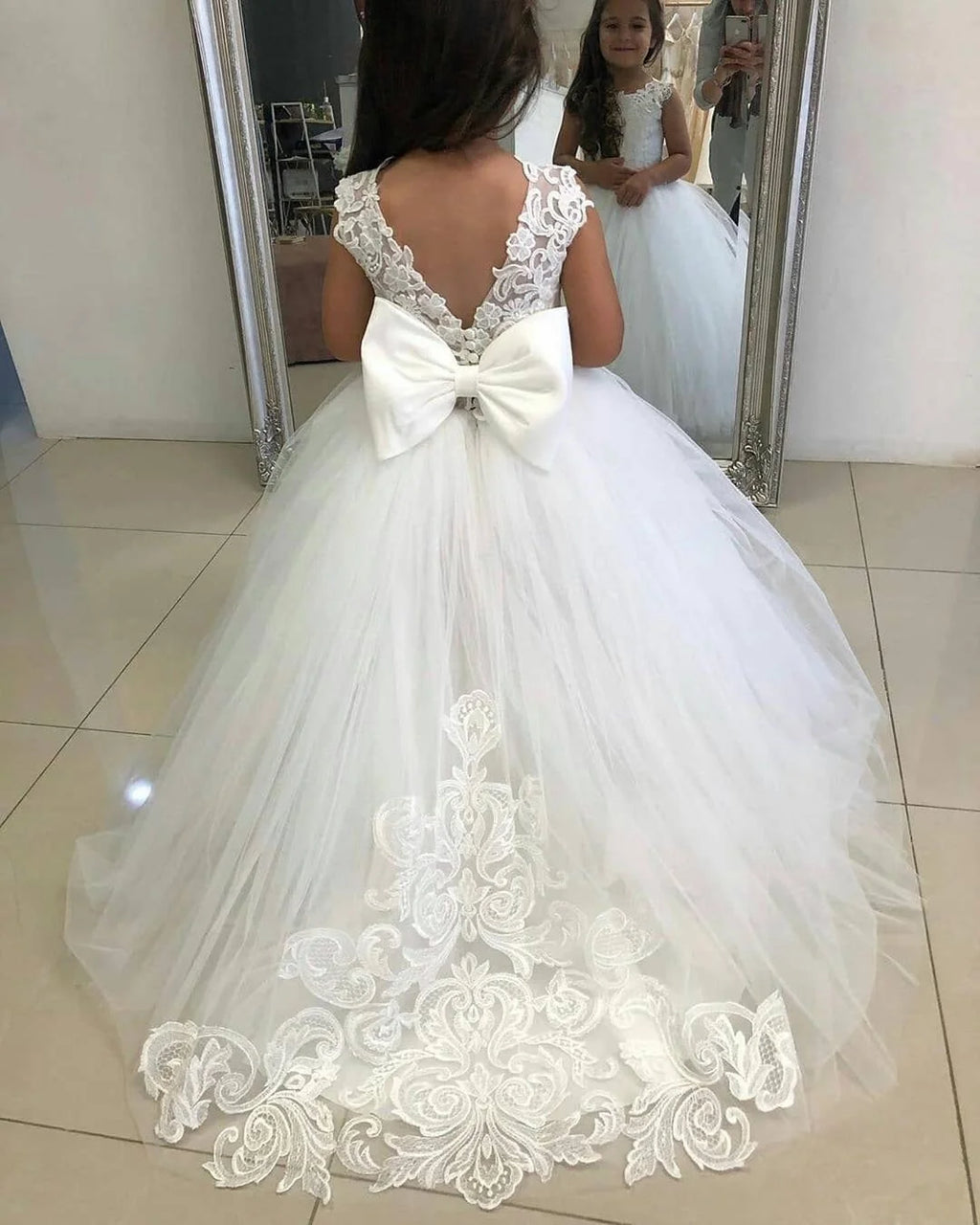Lace flower girl dress by Showlu Fashion Store featuring floral tulle ball gown for weddings, with intricate lace details and a full skirt.