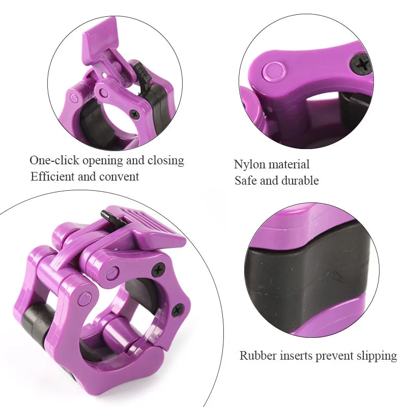 Showlu Safety Dumbbell Clip with quick-release buckle and rotating lock, used to secure weights on dumbbells and barbells.