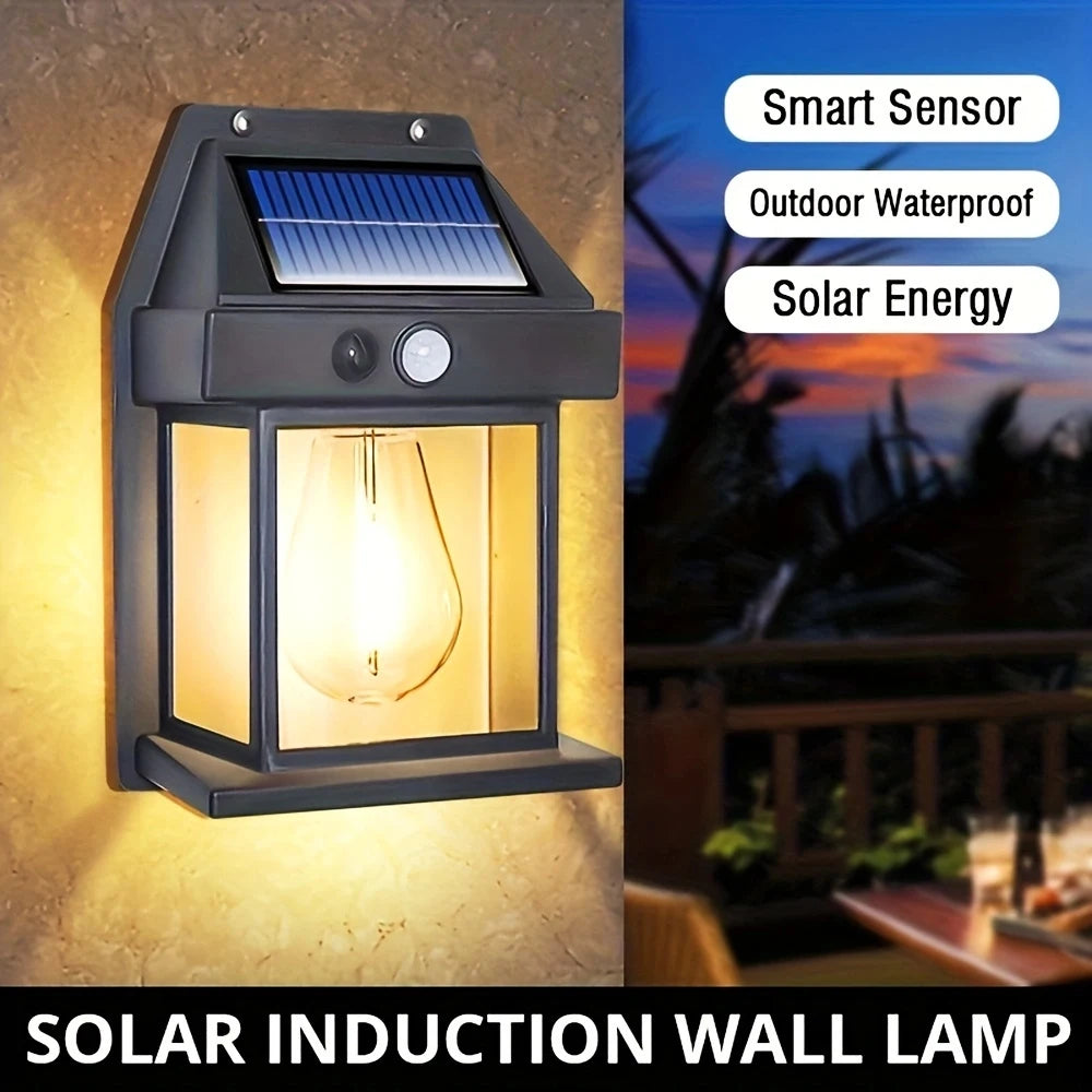 Showlu Smart Solar Motion Sensor Wall Light with IP65 waterproof LED, illuminated on a wall in outdoor setting