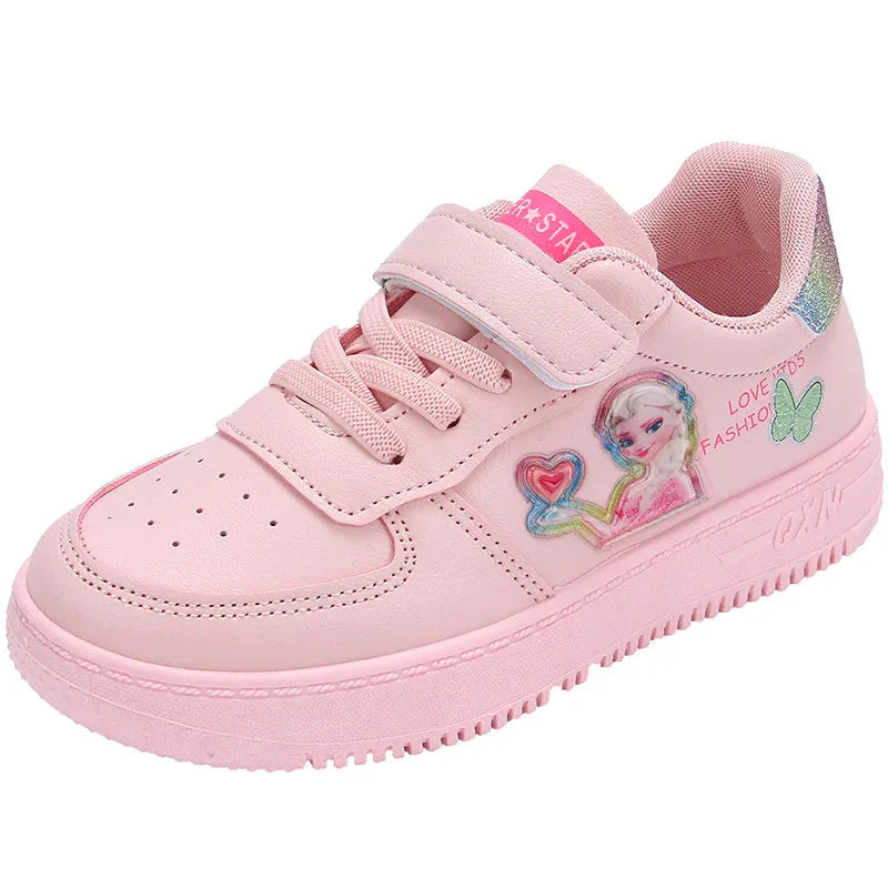 Disney Princess Elsa girls' fashion sneakers by SHOWLU FASHION STORE featuring breathable PU leather and sparkly details.