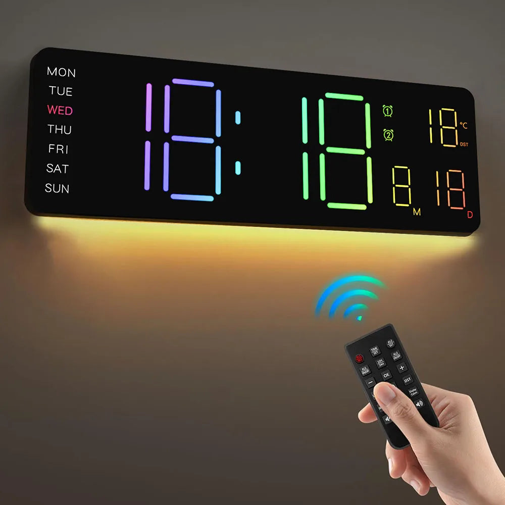 Showlu Smart 13-inch LED digital wall clock with RGB night light displaying time and colorful lighting effects.