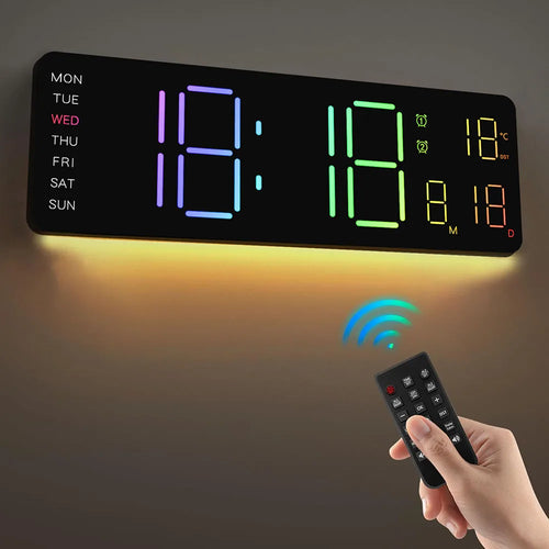 Showlu Smart 13-inch LED digital wall clock with RGB night light displaying time and colorful lighting effects.