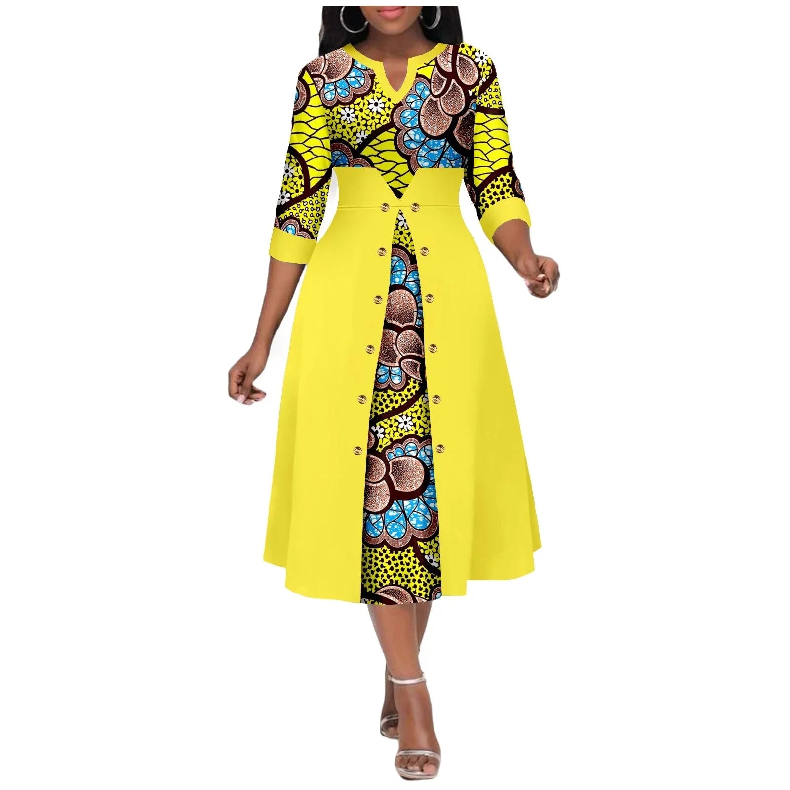 Women's Ankara print V-neck dress by SHOWLU FASHION STORE, featuring cotton fabric and an A-line midi skirt style.