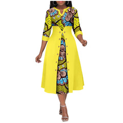 Africa Ankara Printed Fabric Women's Dress V Neck Sexy Double Hem Splicing Clash Color Model Skirt 2425190