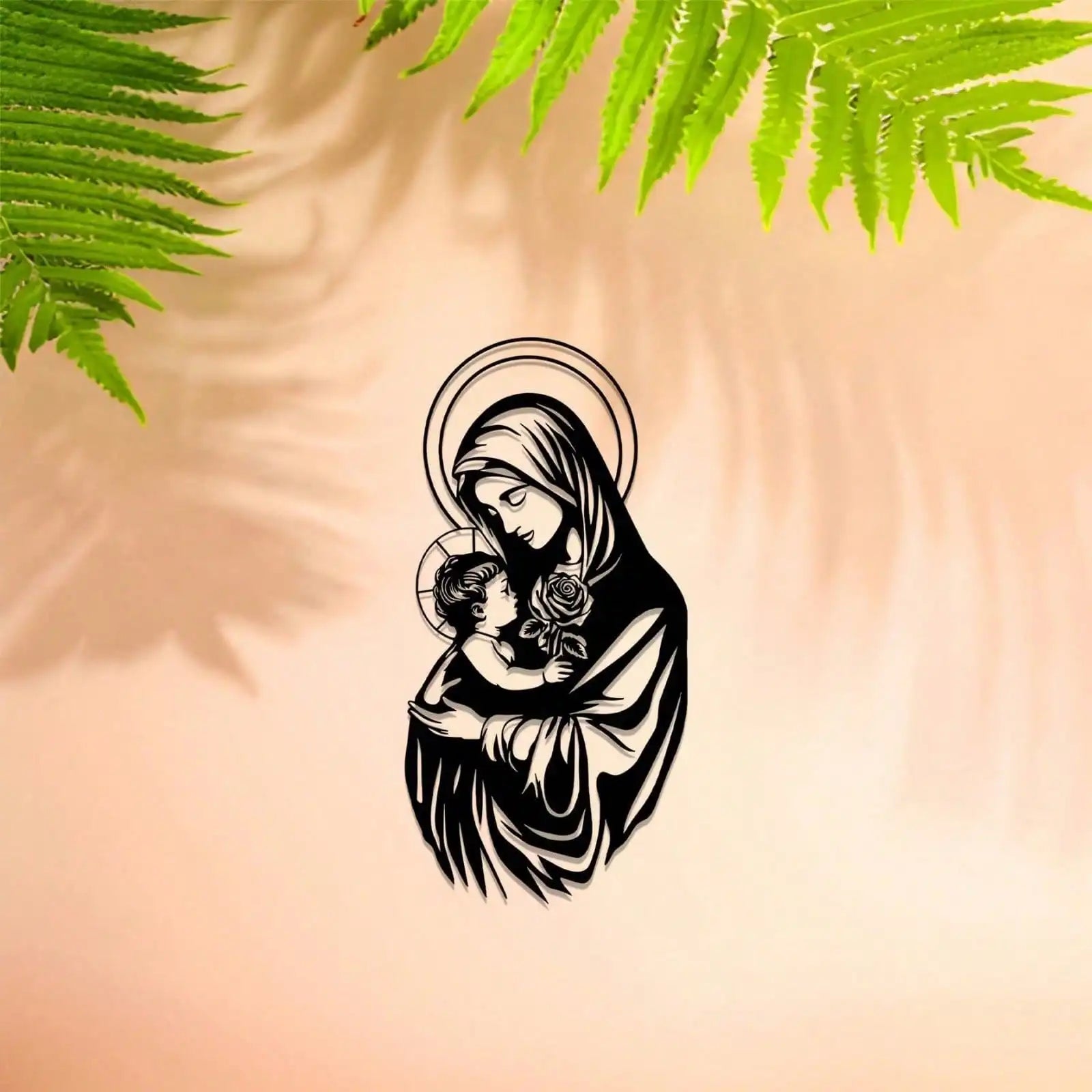 Black metal wall art depicting the Virgin Mary, religious home decor piece with intricate details, suitable for spiritual interior accents.