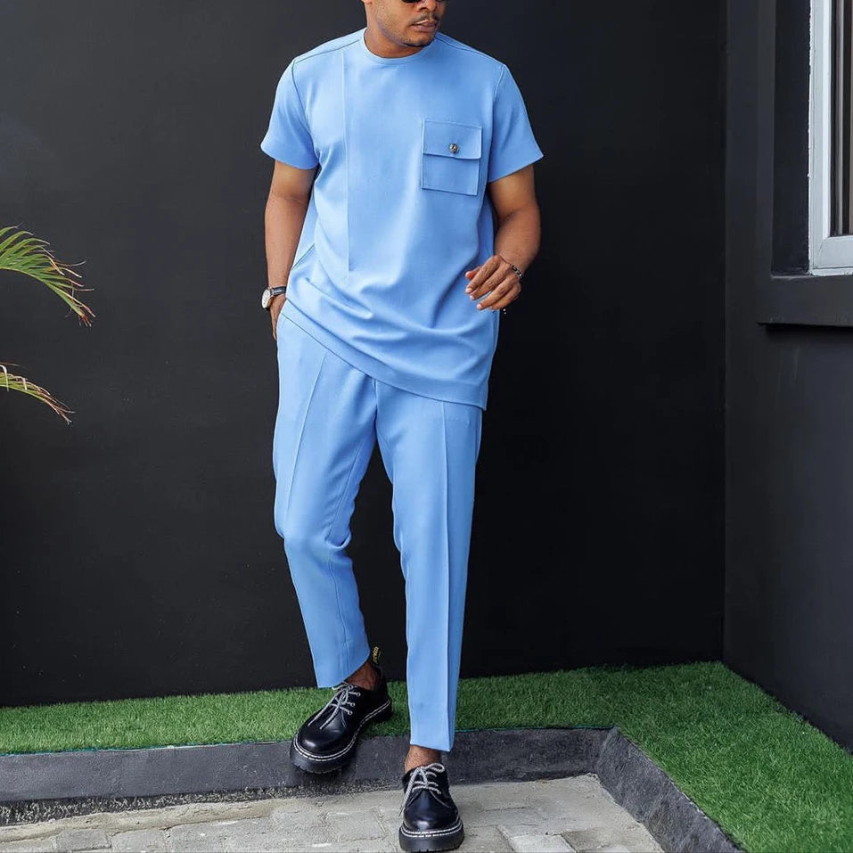 New In African Summer Business Men's Short Sleeve Suit Embroidery Dashiki Shirt Pants Sets 2 Pieces Outfits Wedding Party 2025