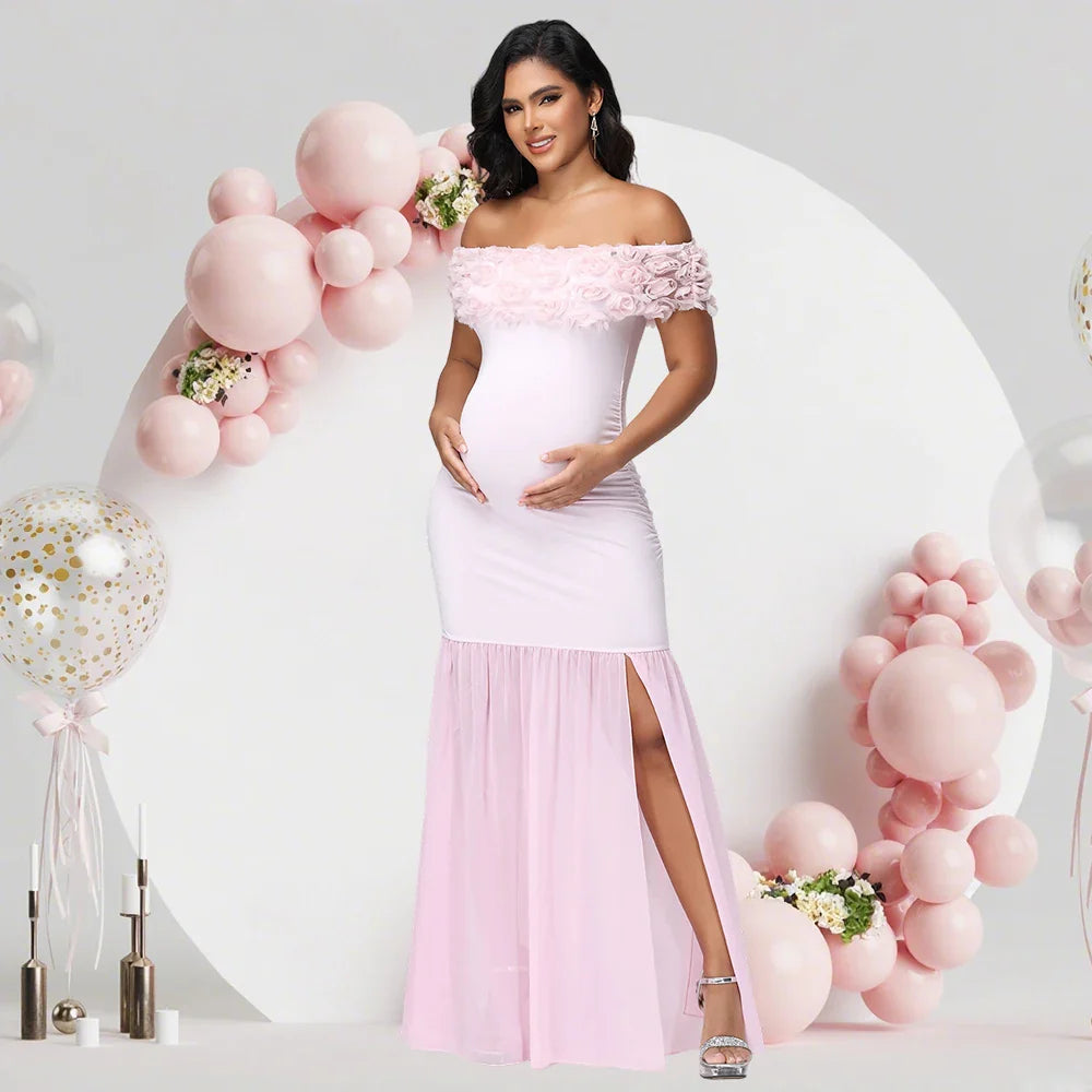 Showlu maternity floral off-shoulder chiffon gown with split hem, featuring elegant design and flowy fabric for comfortable maternity wear.