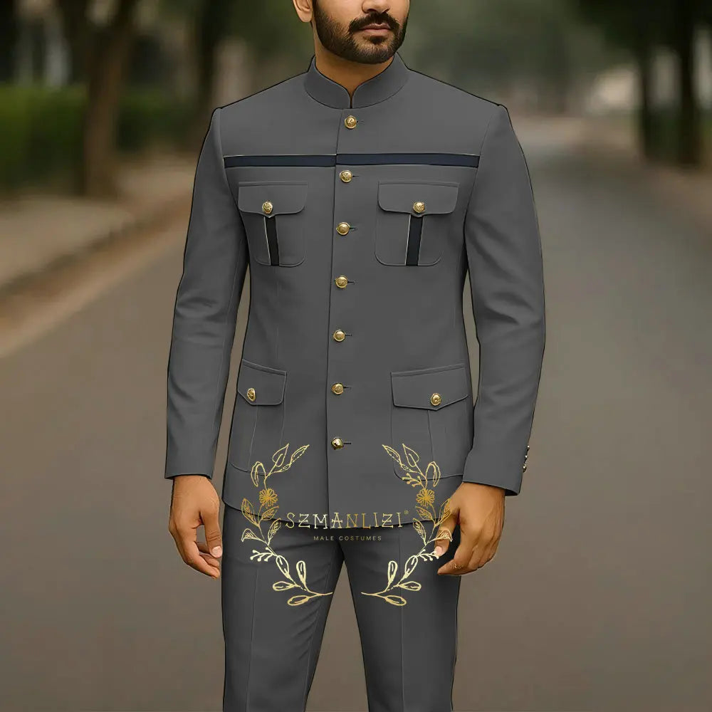 Showlu Fashion men's white single-breasted suit jacket and pants set, stand collar, elegant wedding and party attire for men.