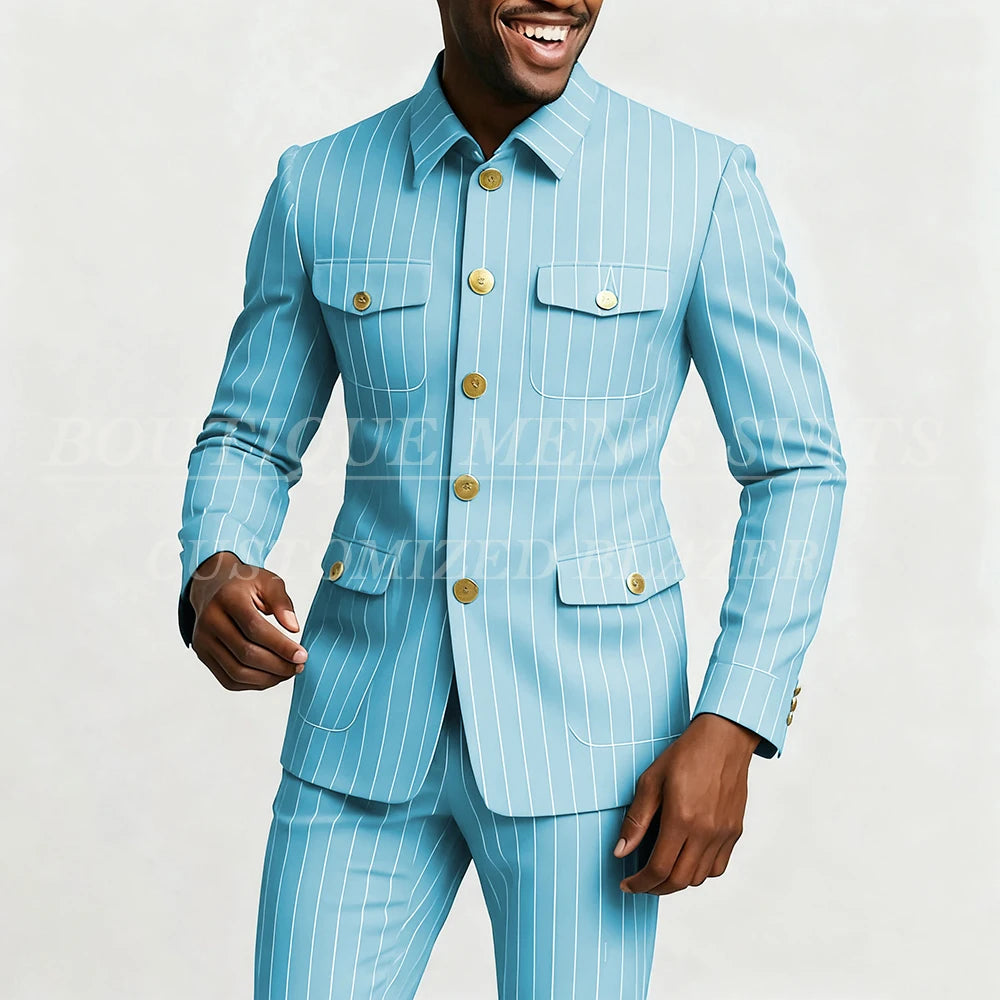 Elegant men's pinstripe suit by Showlu Fashion, single-breasted jacket with stand lapel and slim fit tailored pants set.