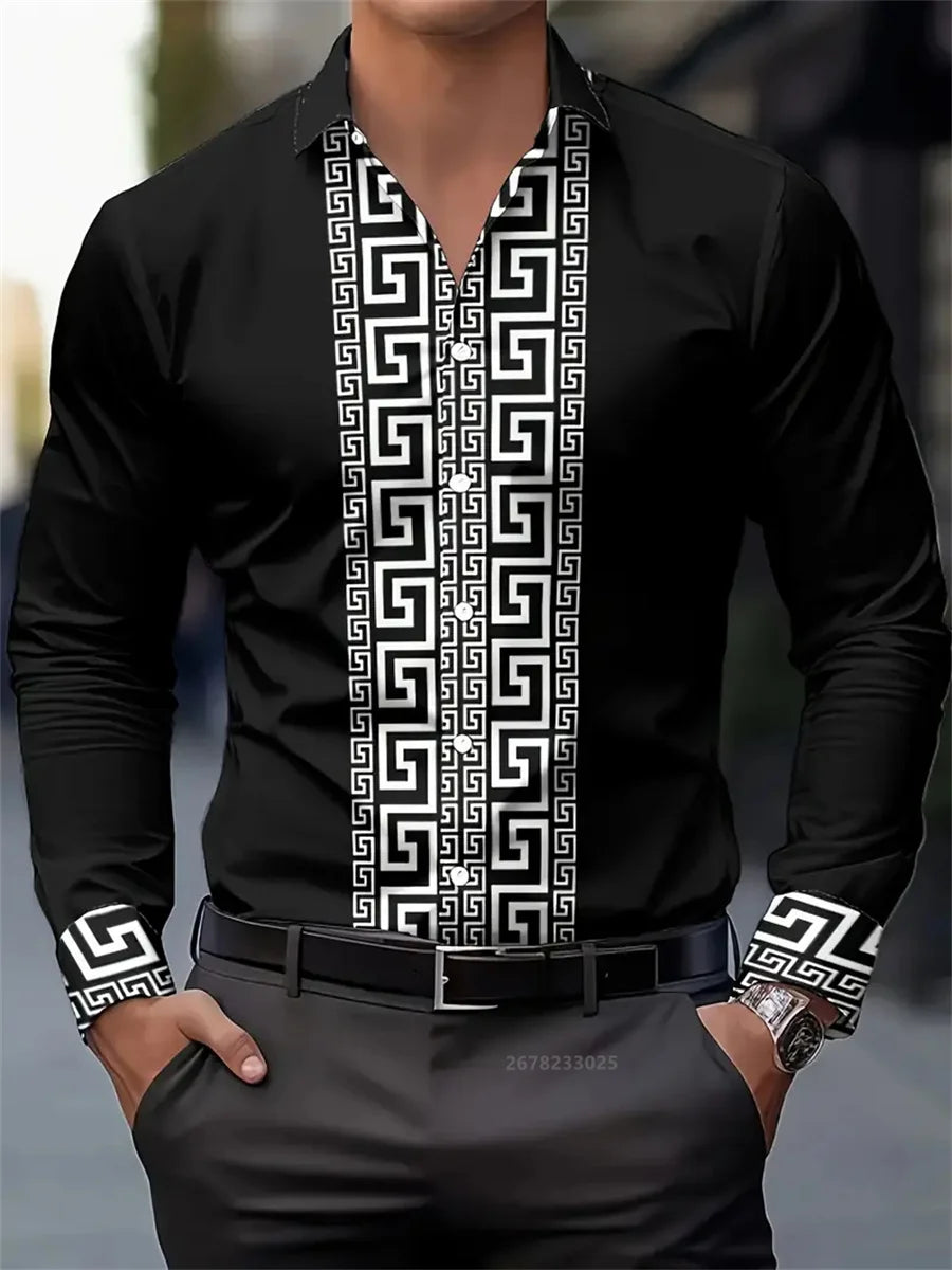 Men's patterned long-sleeved shirt with lapel collar, stylish button-down top, casual and comfortable men's fashion by Showlu Fashion Store