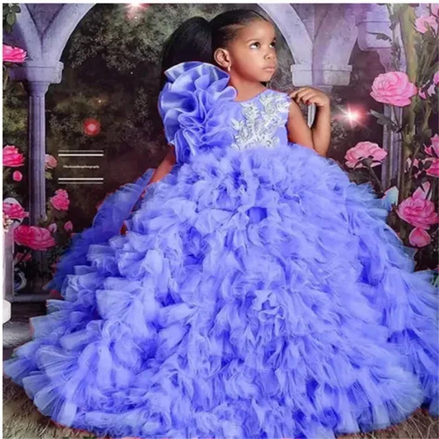Flower Girls Dress For Wedding Luxury Purple Tulle Puffy Applique Organza Pageant for Little Girl Princess First Communion Dress