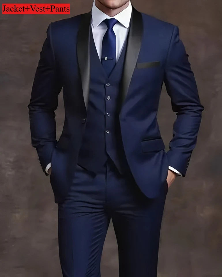 Elegant men's slim fit black tuxedo suit set for weddings and formal events, featuring a tailored jacket and matching trousers.