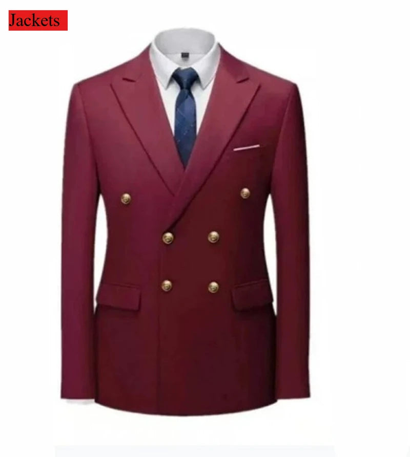 Black men's double-breasted slim fit suit with gold buttons, ideal for weddings, parties, and prom, by Showlu Fashion.