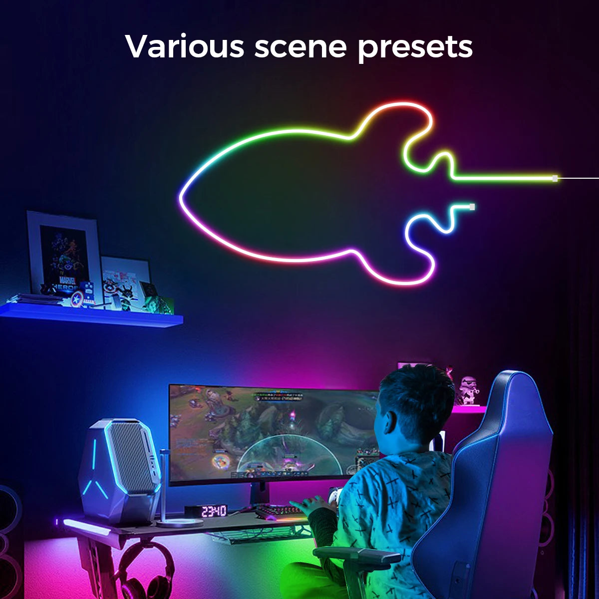 RGBIC Neon LED strip light by Showlu Smart, 5V Bluetooth-controlled LED strip with vibrant color options and app control.