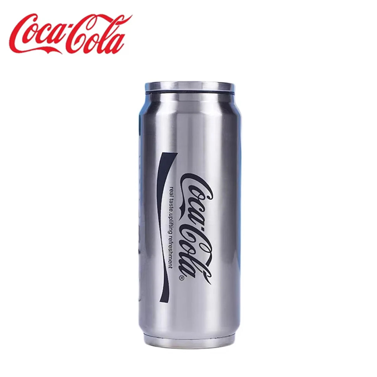 Stainless steel Coca-Cola mug with insulated design, featuring a red and white Coca-Cola logo, durable and ideal for hot or cold drinks.