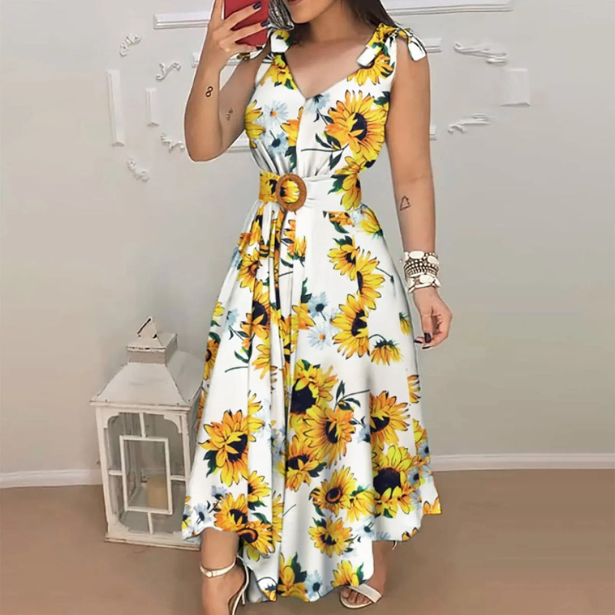 Beach Dress With Belt Women Sleeveless Floral Print Tie Knot Casual Long Dress Summer Ruffled High Waist Large Swing Maxi Dress
