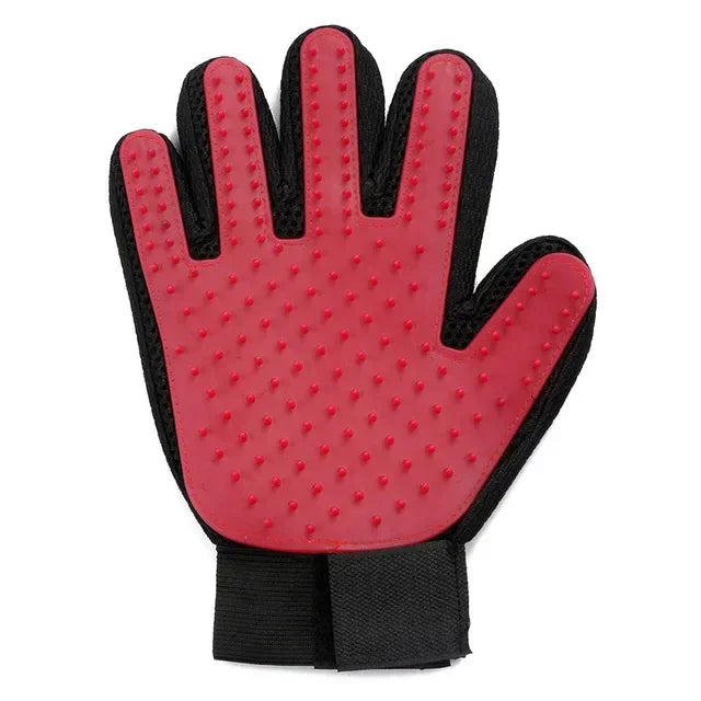 Showlu Fashion MOONBIFFY Pet Silicone Grooming Gloves with hair remover comb for cats and dogs, showing the gloves and grooming surface.