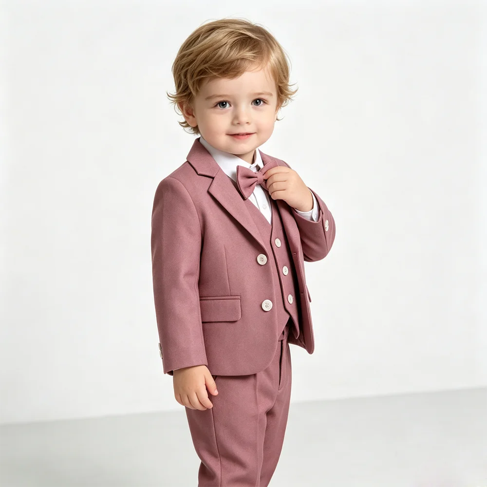 Toddler Boys Dusty Pink Suit 4Pcs Blazer Vest Pants Bowtie, Kids Formal Outfit for Wedding Birthday Party Flower Boy Tuxedo