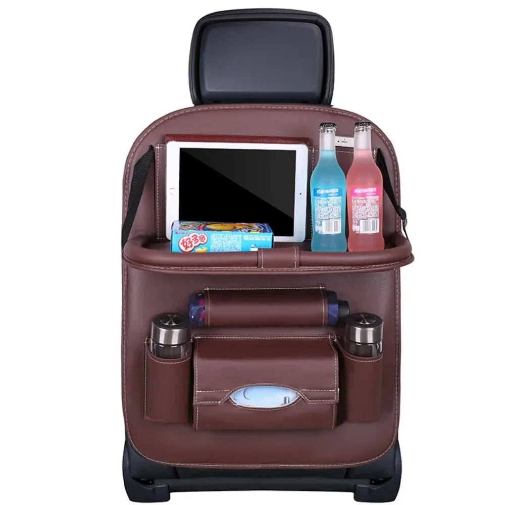 Showlu Smart General car seat organizer with tray, featuring multiple compartments and a foldable tray for vehicle storage.