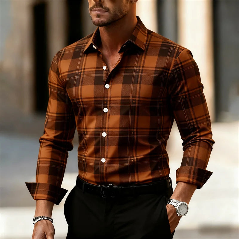 Men's plaid casual street style long-sleeved shirt in large sizes, featuring a fashionable outdoor daily wear design.