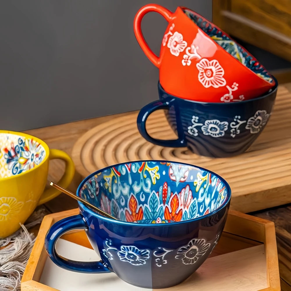 Showlu Fashion bohemian ceramic coffee mug, 13.5 oz porcelain tea cup with colorful boho design and sturdy handle.