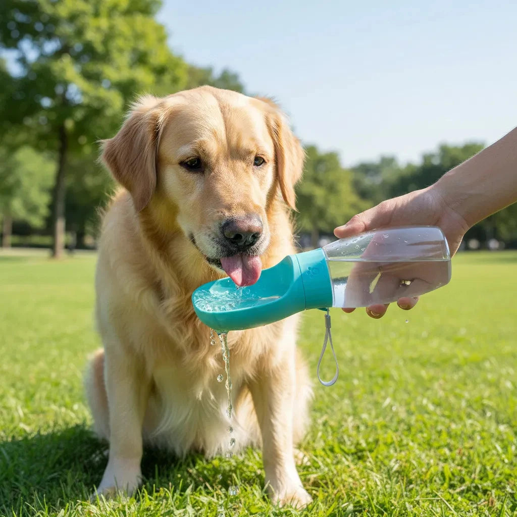 Showlu portable dog water bottle with 300ml to 500ml capacity, featuring a built-in drinking bowl for travel pet hydration.