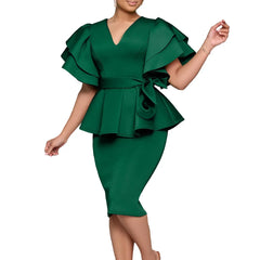 The New Fashion Temperament Elegant Ruffled Solid Color Draped Hip Party Dress African Dress