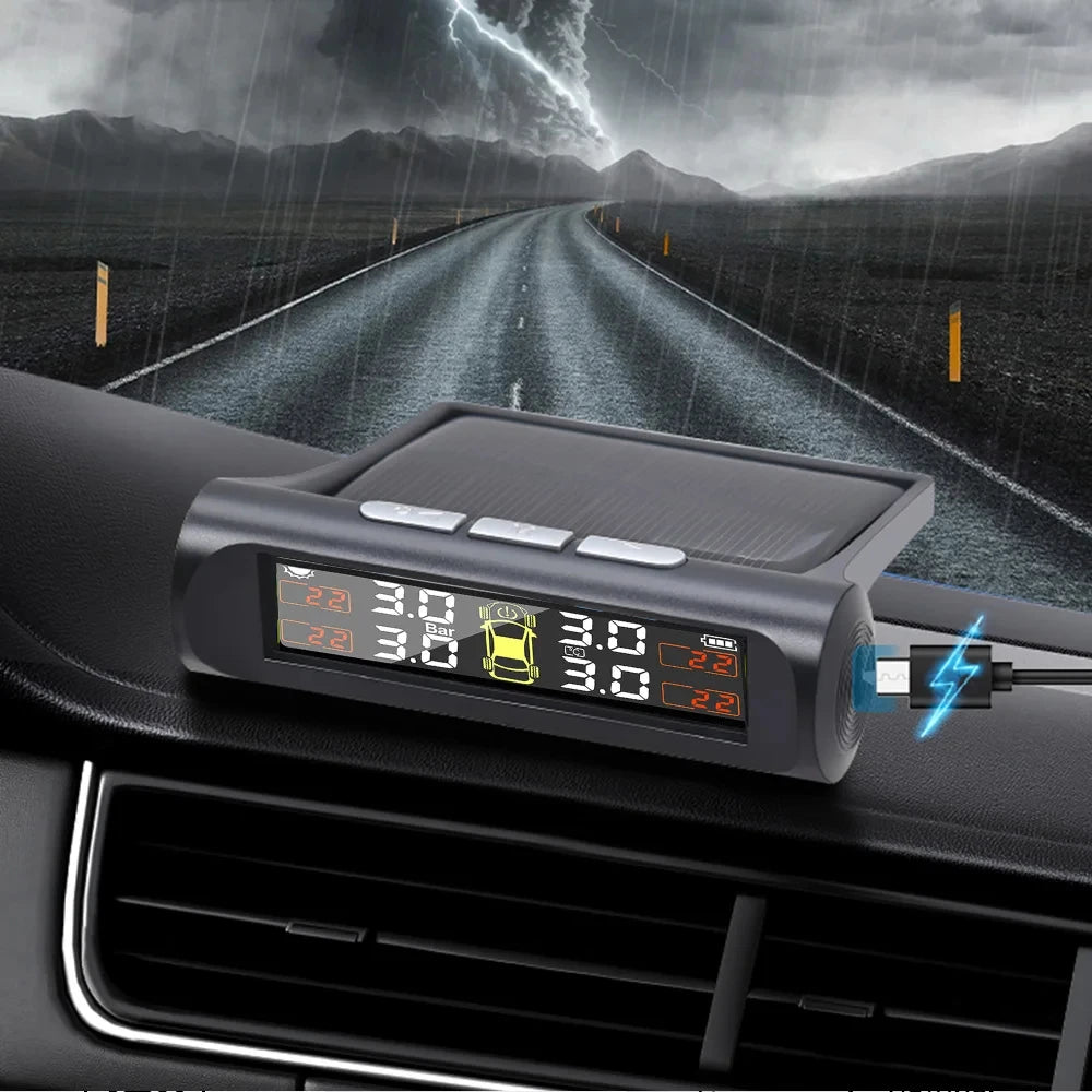 Showlu Smart General car tire pressure monitor displaying real-time tire pressure readings on a digital screen.