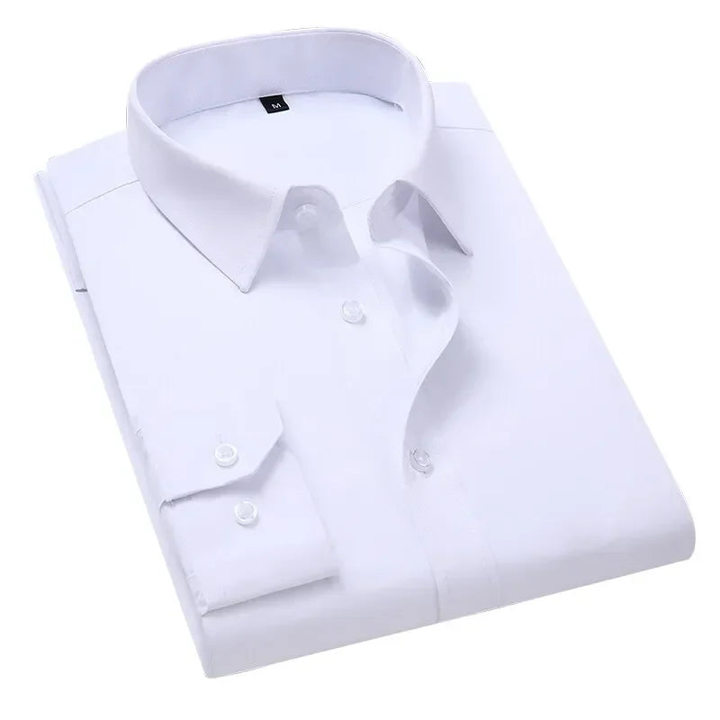 Long-sleeved men's business casual shirts in black, white, blue, and pink with lapel collar and button details, stylish formal wear.