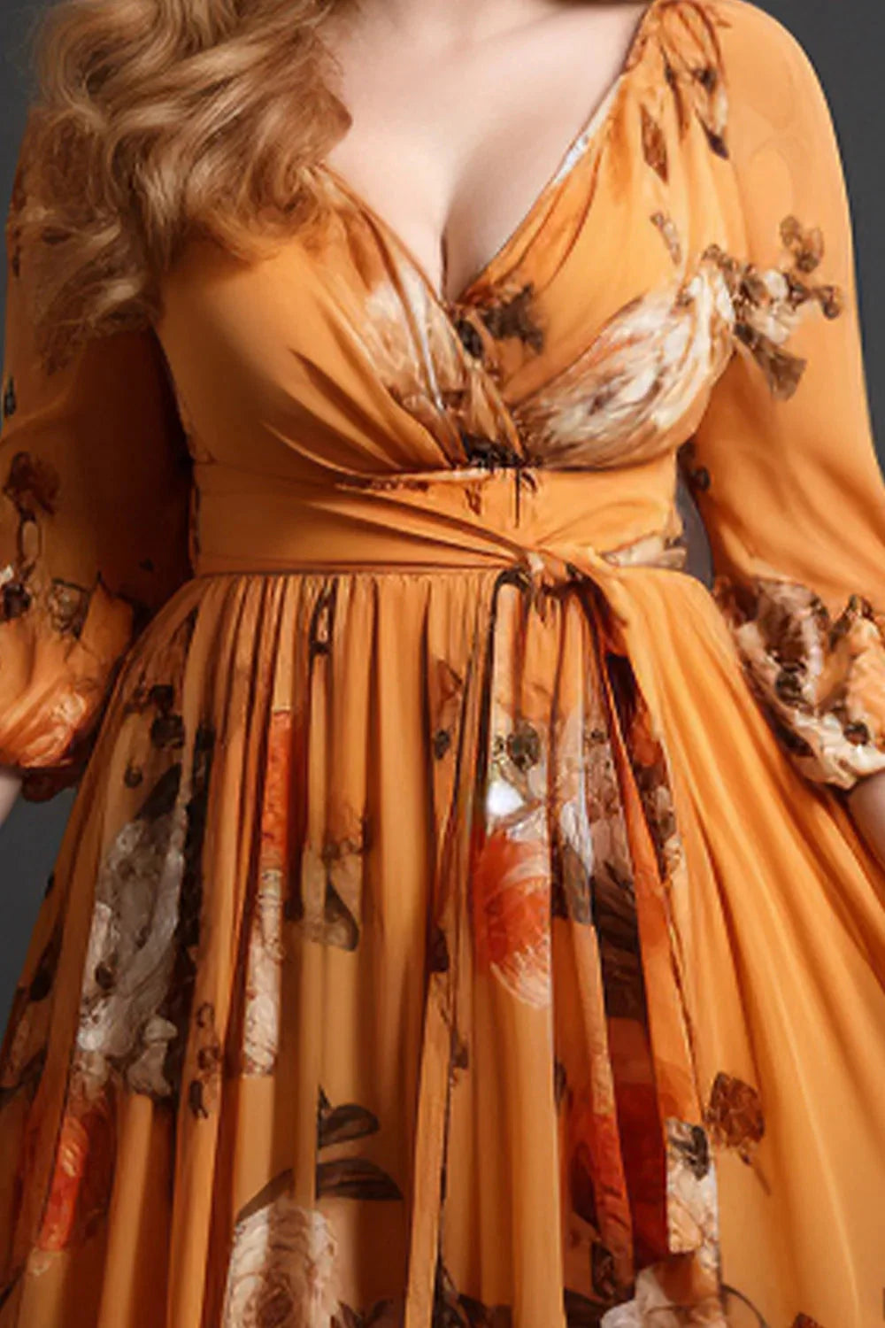 Flycurvy plus size floral chiffon wrap maxi dress with lantern sleeves, showcasing a flowy, elegant design in soft floral fabric.