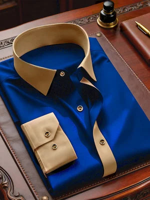 Showlu Smart General men's black patchwork long sleeve shirt with elastic, suitable for smart casual or business dress styles.