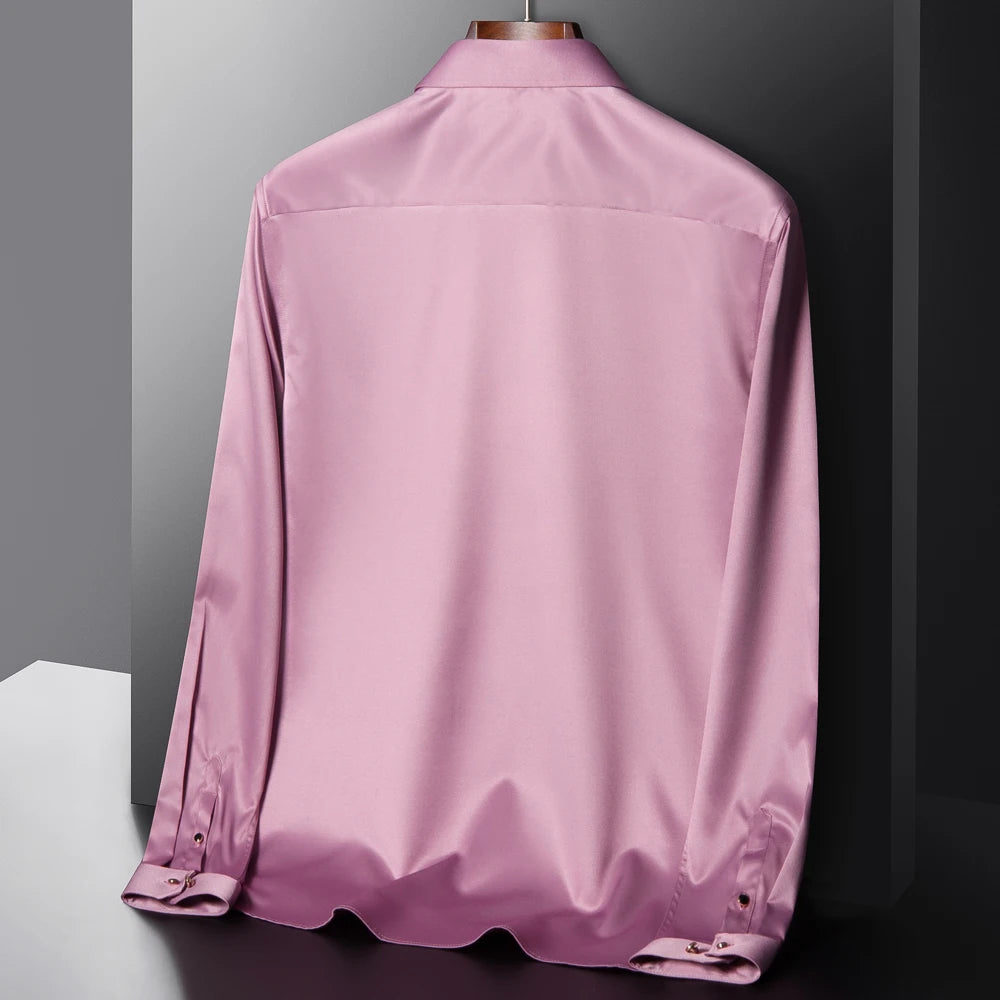 Elegant men's long sleeve dress shirt by Showlu Fashion with silk-feel fabric, stretch material, and diamond buttons.