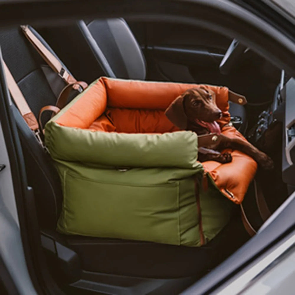 Showlu portable car pet carrier with breathable dog bed, designed for backseat travel, featuring mesh sides and comfortable interior.