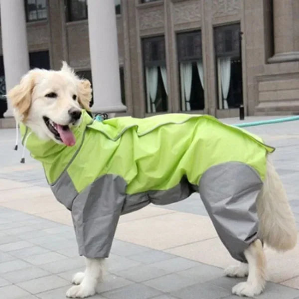 Showlu waterproof dog raincoat hoodie with PU leather poncho for large dogs, featuring a stylish and protective design.